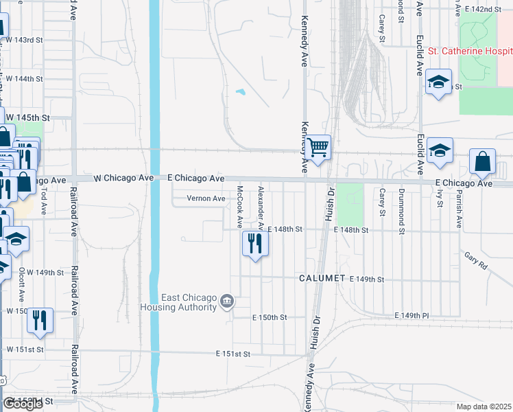 map of restaurants, bars, coffee shops, grocery stores, and more near 4732 Alexander Avenue in East Chicago