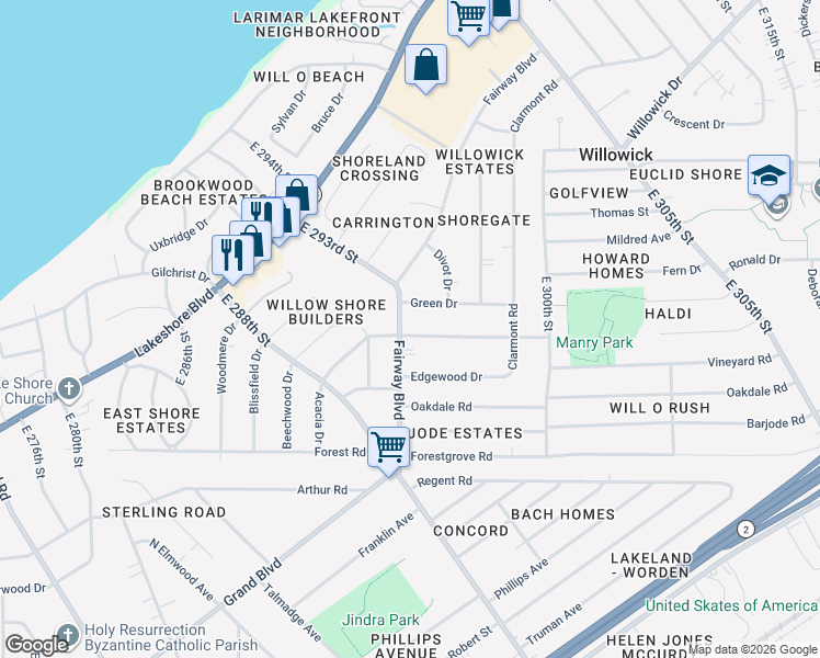 map of restaurants, bars, coffee shops, grocery stores, and more near 393 Fairway Boulevard in Willowick