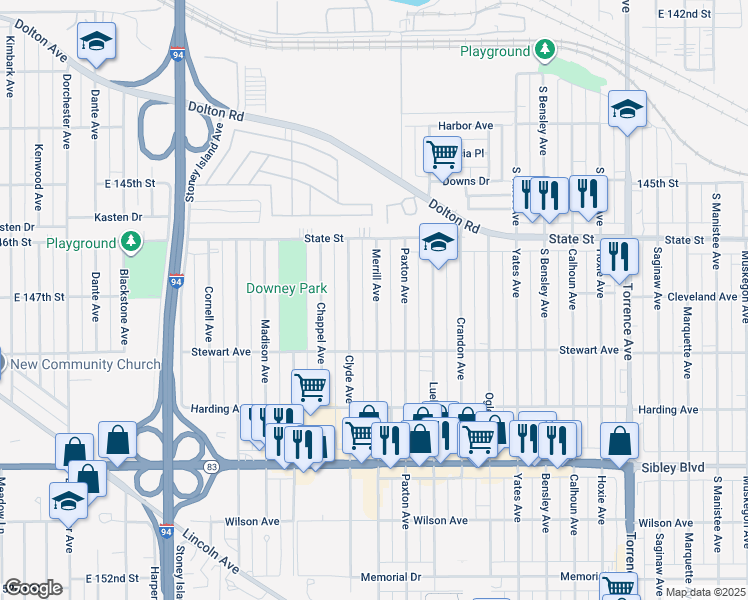 map of restaurants, bars, coffee shops, grocery stores, and more near 325 Merrill Avenue in Calumet City