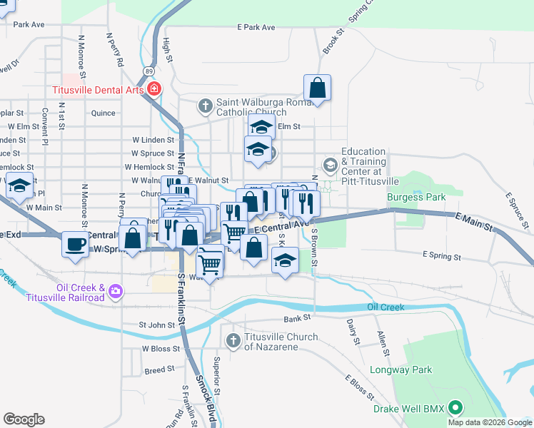 map of restaurants, bars, coffee shops, grocery stores, and more near 100-198 East Cherry Place in Titusville