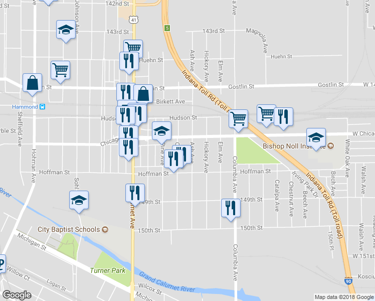 map of restaurants, bars, coffee shops, grocery stores, and more near 4726 Ash Avenue in Hammond
