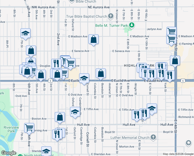 map of restaurants, bars, coffee shops, grocery stores, and more near 3607 Columbia Street in Des Moines