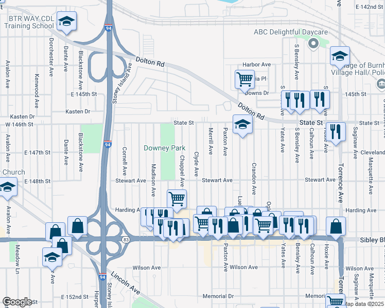 map of restaurants, bars, coffee shops, grocery stores, and more near 326 Clyde Avenue in Calumet City