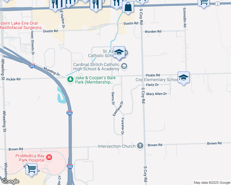map of restaurants, bars, coffee shops, grocery stores, and more near 1231 Sierra Drive in Oregon