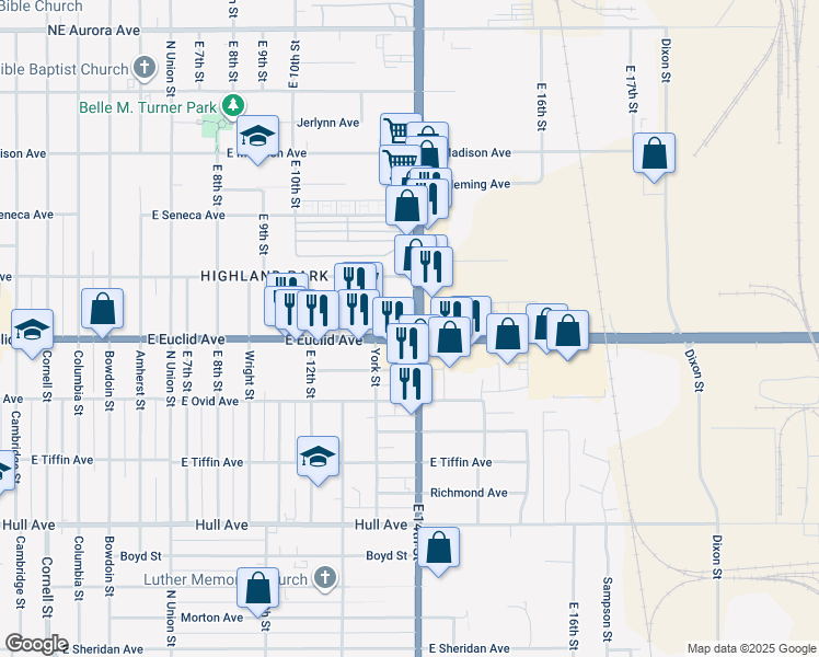 map of restaurants, bars, coffee shops, grocery stores, and more near 1348 East Euclid Avenue in Des Moines