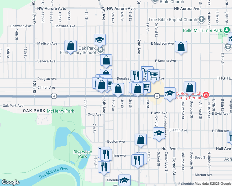map of restaurants, bars, coffee shops, grocery stores, and more near 401 Euclid Avenue in Des Moines