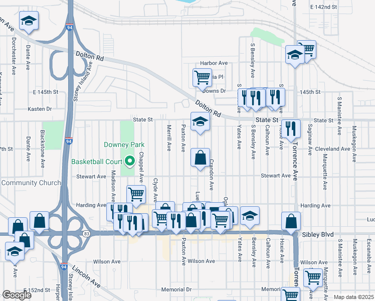 map of restaurants, bars, coffee shops, grocery stores, and more near 321 Paxton Avenue in Calumet City
