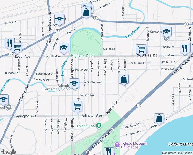 map of restaurants, bars, coffee shops, grocery stores, and more near 634 Hampton Avenue in Toledo