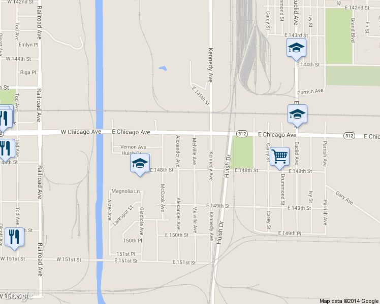map of restaurants, bars, coffee shops, grocery stores, and more near 4732 Melville Avenue in East Chicago