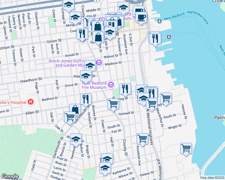 map of restaurants, bars, coffee shops, grocery stores, and more near 79 South 6th Street in New Bedford