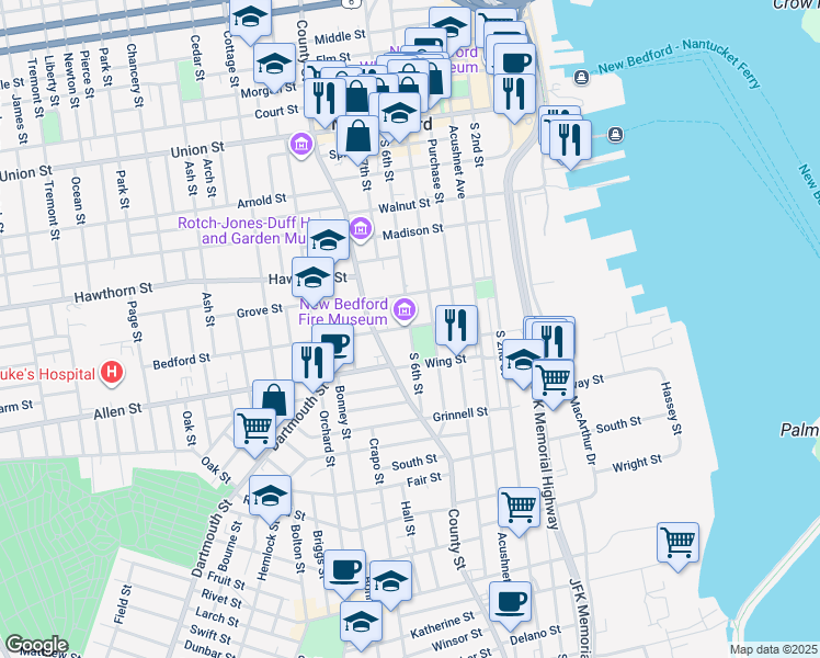 map of restaurants, bars, coffee shops, grocery stores, and more near 79 South 6th Street in New Bedford
