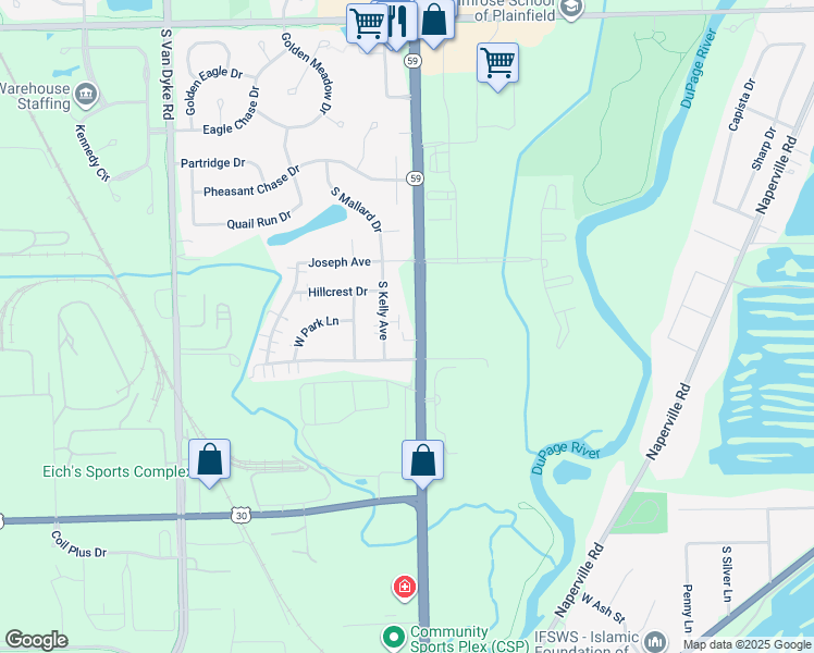 map of restaurants, bars, coffee shops, grocery stores, and more near 14006 North Division Street in Plainfield