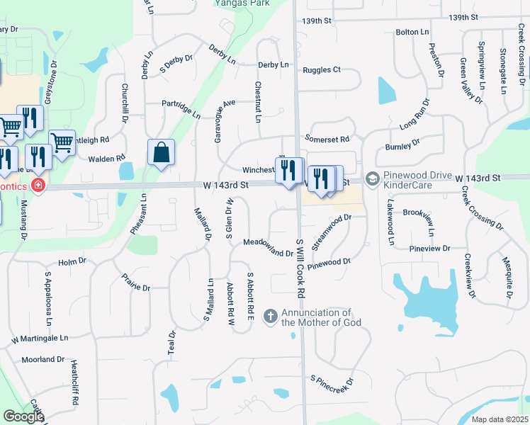 map of restaurants, bars, coffee shops, grocery stores, and more near 14358 South Heather Lane in Homer Glen