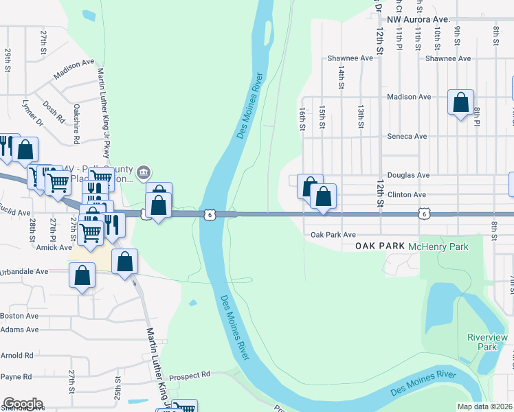map of restaurants, bars, coffee shops, grocery stores, and more near 1817 Euclid Avenue in Des Moines