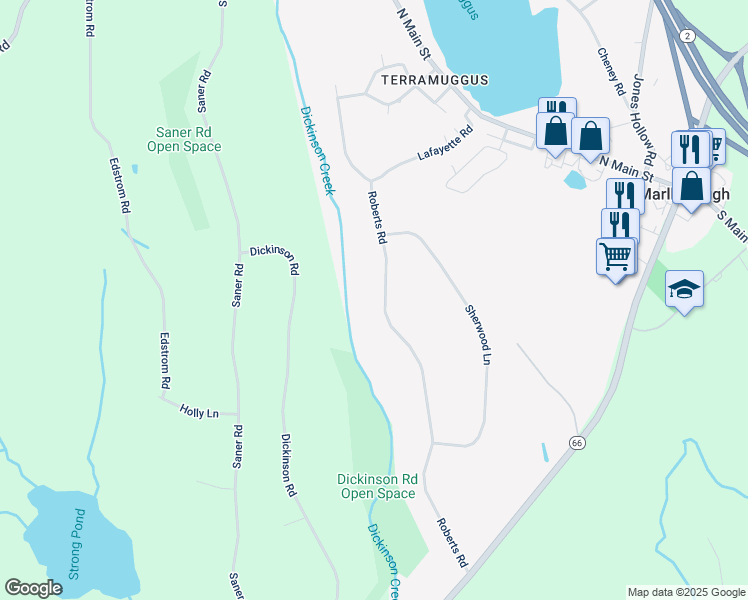 map of restaurants, bars, coffee shops, grocery stores, and more near 71 Roberts Road in Marlborough