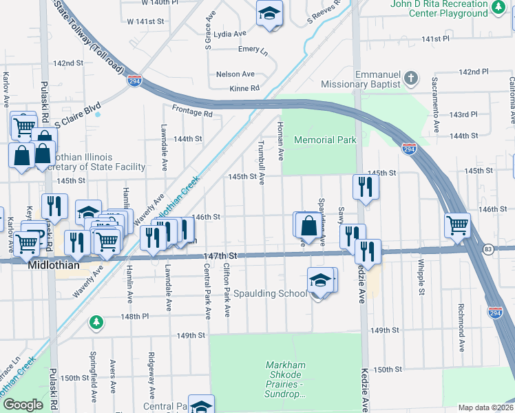 map of restaurants, bars, coffee shops, grocery stores, and more near 14544 Trumbull Avenue in Midlothian
