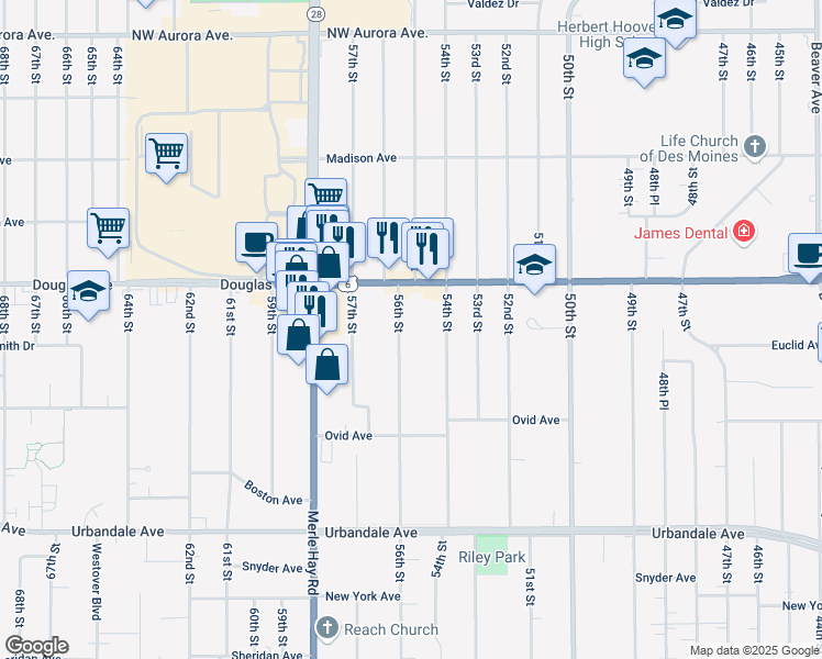 map of restaurants, bars, coffee shops, grocery stores, and more near 3608 56th Street in Des Moines