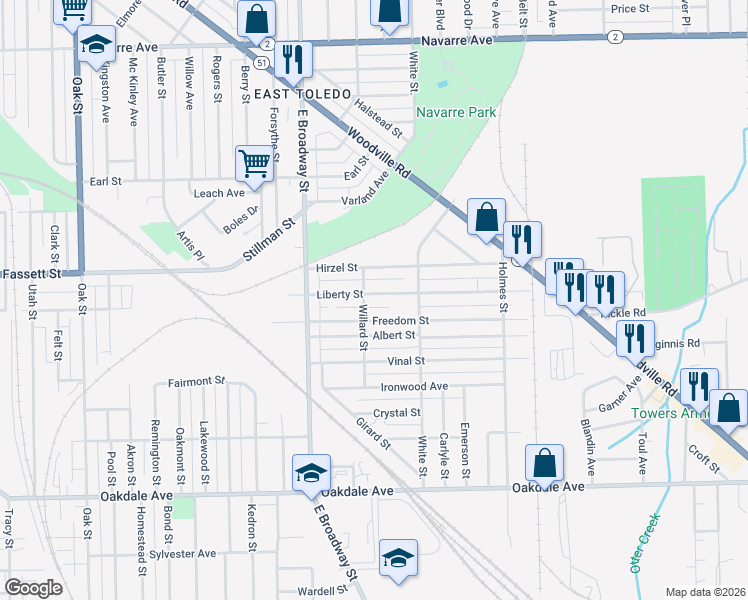map of restaurants, bars, coffee shops, grocery stores, and more near 1212 Liberty Street in Toledo