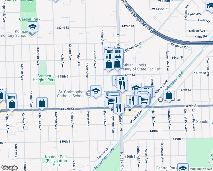 map of restaurants, bars, coffee shops, grocery stores, and more near 14535 Karlov Avenue in Midlothian