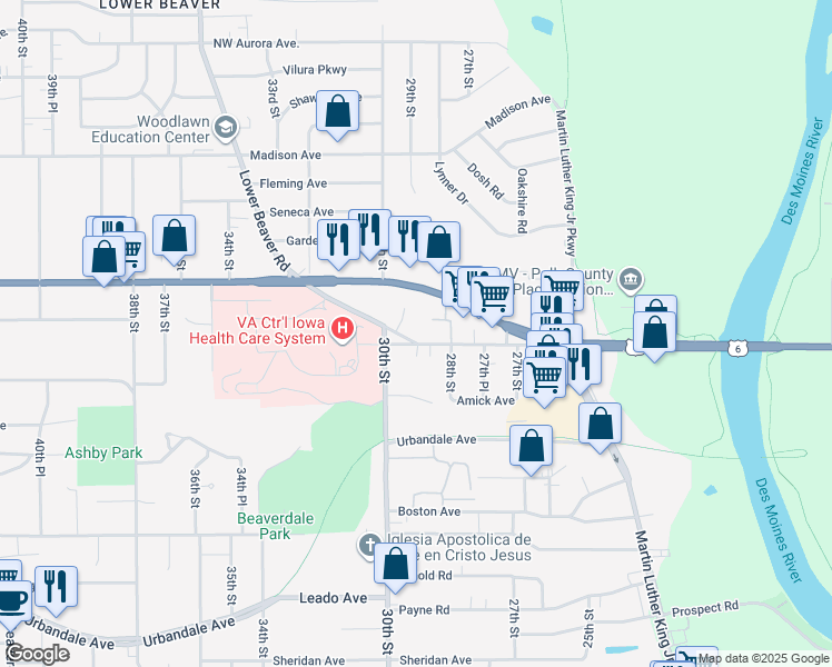 map of restaurants, bars, coffee shops, grocery stores, and more near 2809 Euclid Avenue in Des Moines