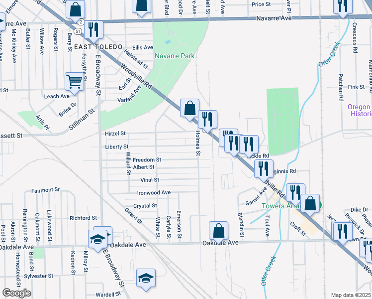 map of restaurants, bars, coffee shops, grocery stores, and more near 1602 Liberty Street in Toledo