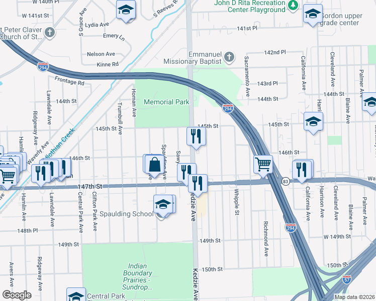 map of restaurants, bars, coffee shops, grocery stores, and more near 14550 Kedzie Avenue in Midlothian