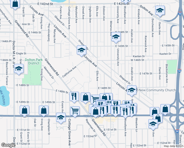 map of restaurants, bars, coffee shops, grocery stores, and more near 14649 Ingleside Avenue in Dolton