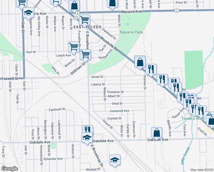 map of restaurants, bars, coffee shops, grocery stores, and more near 1212 Liberty Street in Toledo