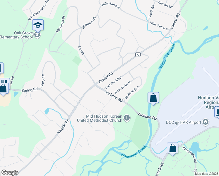map of restaurants, bars, coffee shops, grocery stores, and more near 6 Lorraine Boulevard in Poughkeepsie