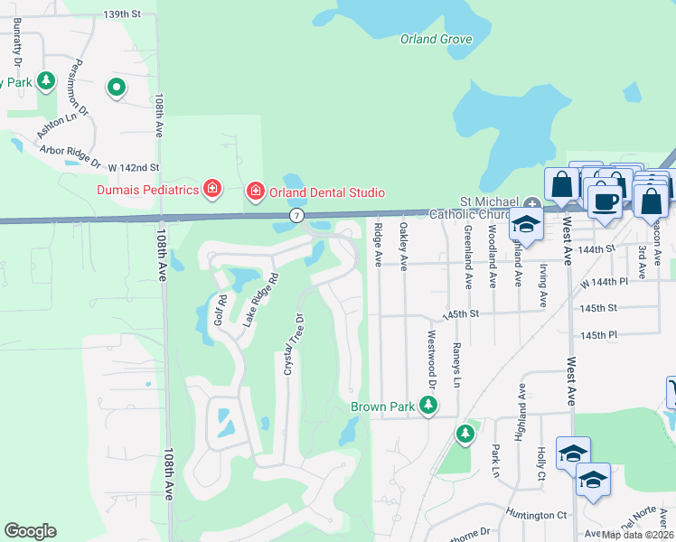 map of restaurants, bars, coffee shops, grocery stores, and more near 14412 Crystal Tree Drive in Orland Park