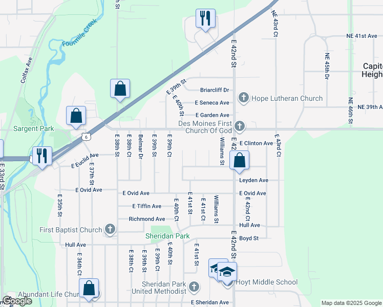 map of restaurants, bars, coffee shops, grocery stores, and more near 3610 East 41st Street in Des Moines