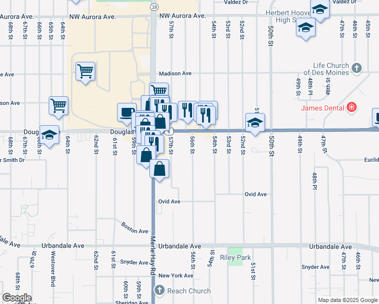 map of restaurants, bars, coffee shops, grocery stores, and more near 3608 56th Street in Des Moines
