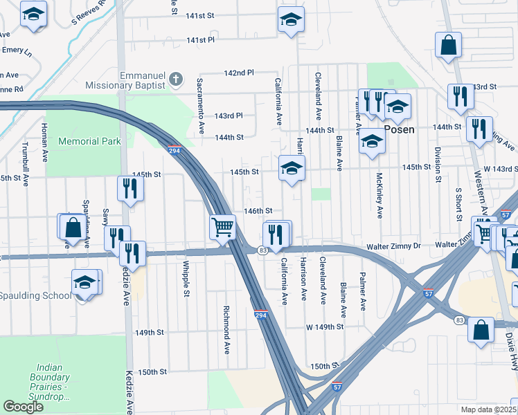 map of restaurants, bars, coffee shops, grocery stores, and more near 42 Mozart Avenue in Posen