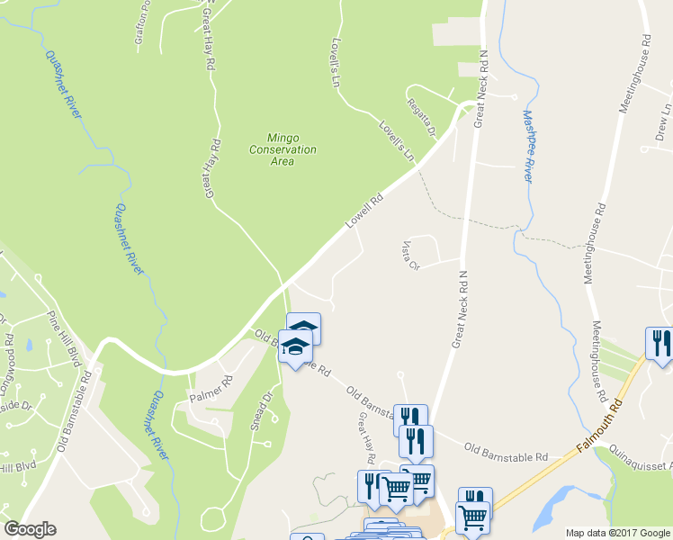 map of restaurants, bars, coffee shops, grocery stores, and more near 174 Lowell Road in Mashpee