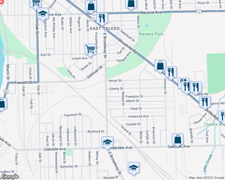 map of restaurants, bars, coffee shops, grocery stores, and more near 1022 Liberty Street in Toledo