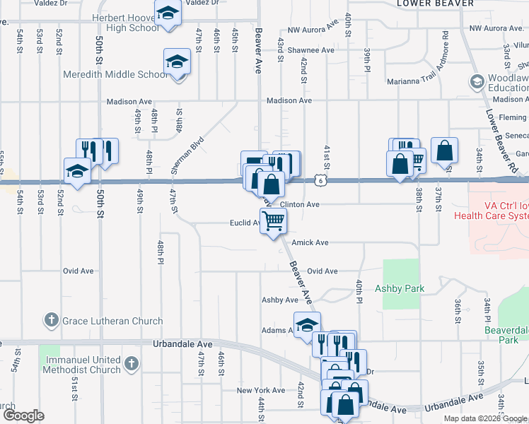 map of restaurants, bars, coffee shops, grocery stores, and more near 3606 Beaver Avenue in Des Moines