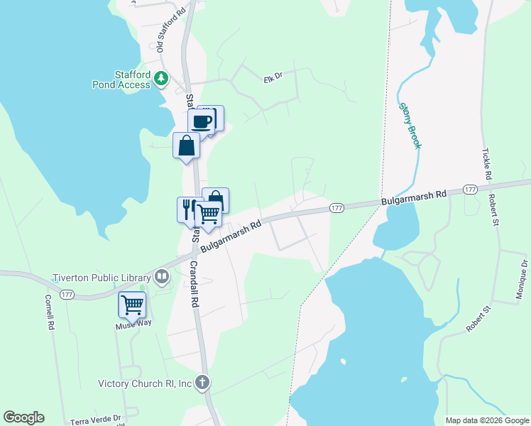 map of restaurants, bars, coffee shops, grocery stores, and more near 6 Indian Hill Road in Tiverton
