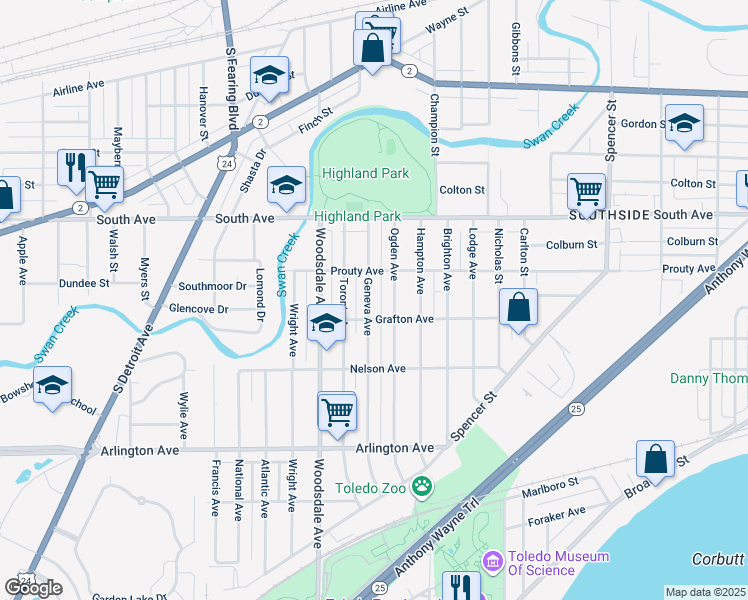 map of restaurants, bars, coffee shops, grocery stores, and more near 631 Geneva Avenue in Toledo