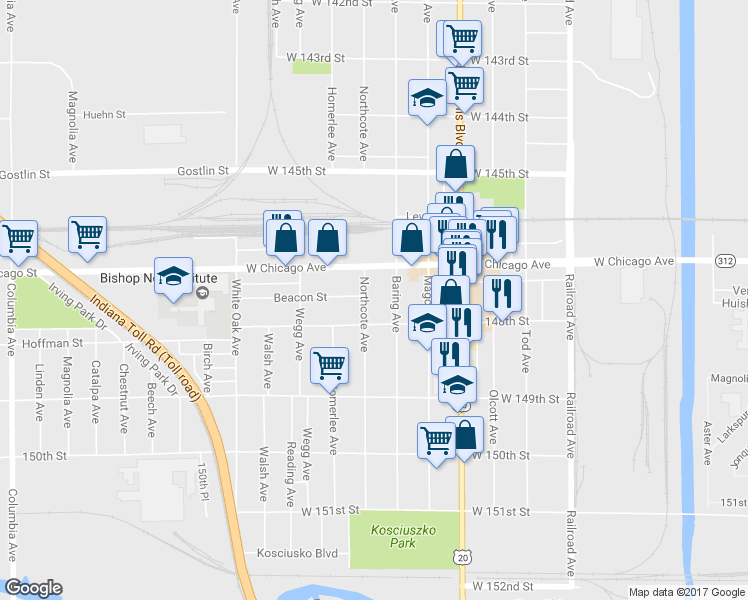 map of restaurants, bars, coffee shops, grocery stores, and more near 4725 Northcote Avenue in East Chicago