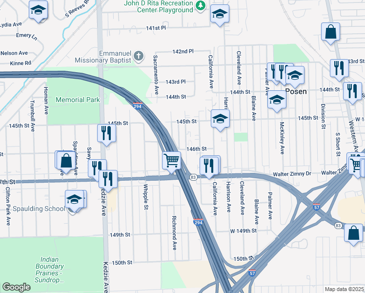 map of restaurants, bars, coffee shops, grocery stores, and more near 14544 San Francisco Avenue in Posen