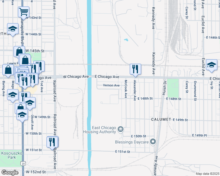 map of restaurants, bars, coffee shops, grocery stores, and more near 441 Vernon Avenue in East Chicago