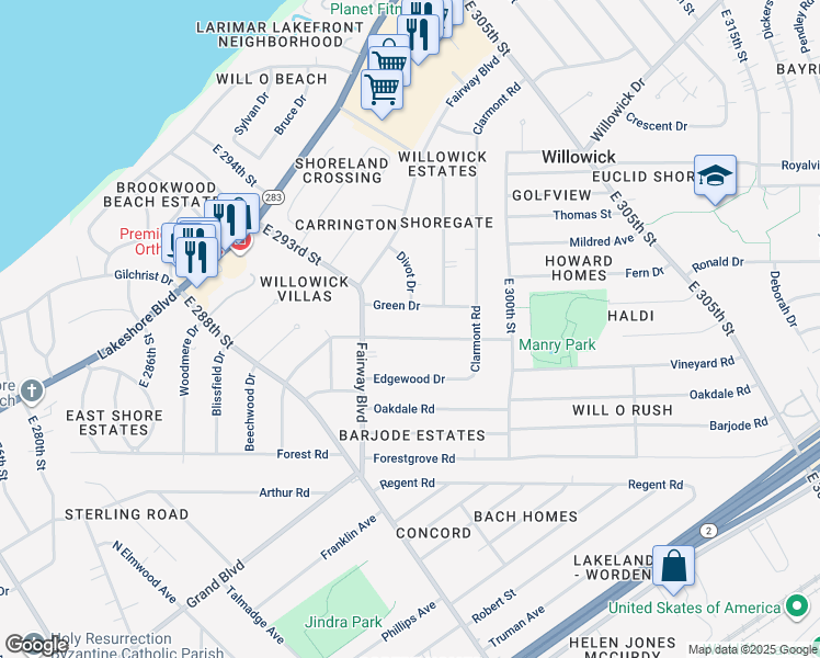 map of restaurants, bars, coffee shops, grocery stores, and more near 29127 West Willowick Drive in Eastlake