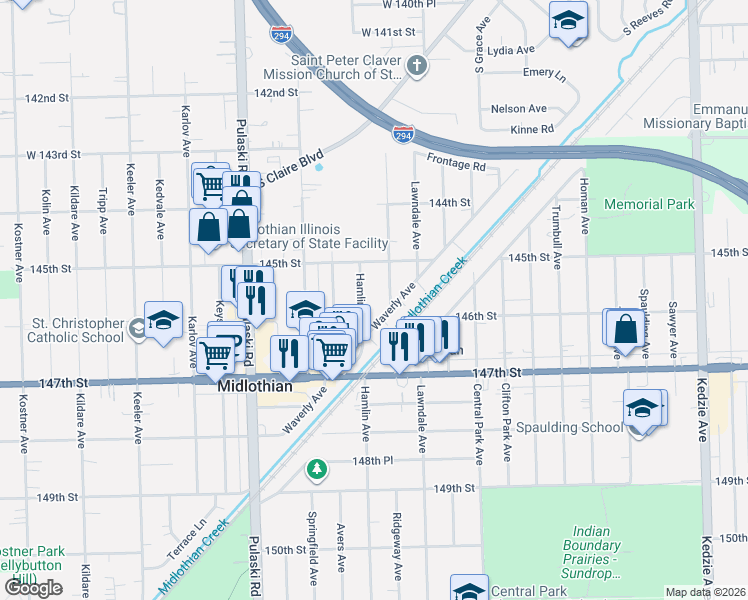 map of restaurants, bars, coffee shops, grocery stores, and more near 14541 Hamlin Avenue in Midlothian