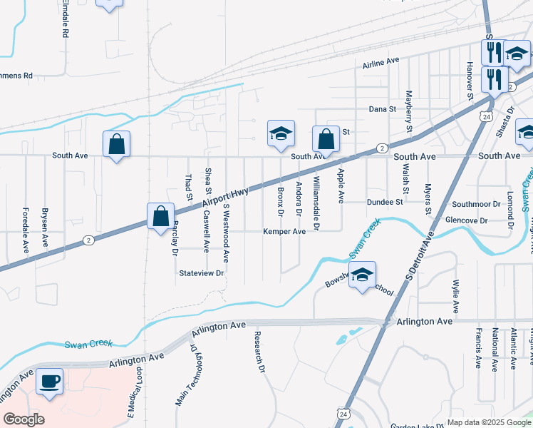map of restaurants, bars, coffee shops, grocery stores, and more near 605 Colima Drive in Toledo