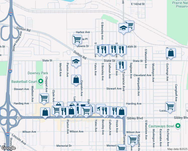 map of restaurants, bars, coffee shops, grocery stores, and more near 318 Yates Avenue in Calumet City