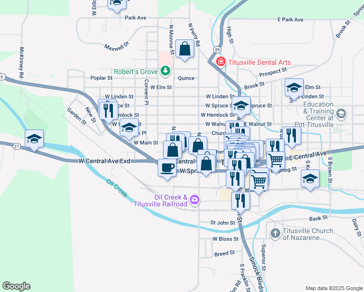 map of restaurants, bars, coffee shops, grocery stores, and more near 48501 West Main Street in Titusville