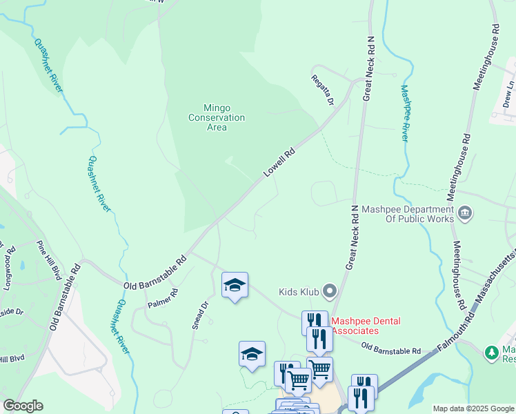 map of restaurants, bars, coffee shops, grocery stores, and more near 174 Lowell Road in Mashpee