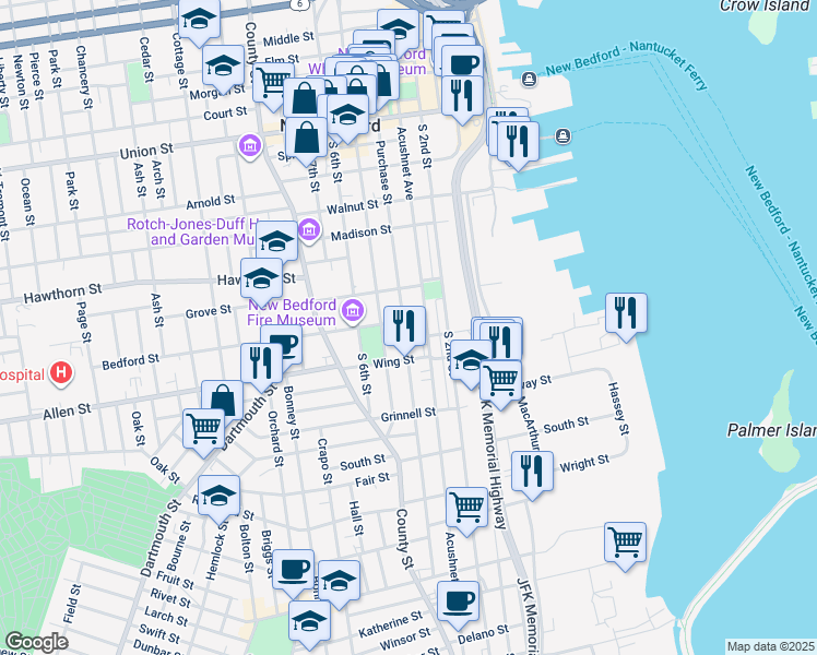 map of restaurants, bars, coffee shops, grocery stores, and more near 390 Purchase Street in New Bedford