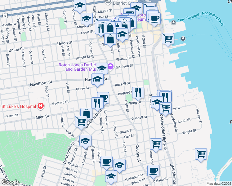map of restaurants, bars, coffee shops, grocery stores, and more near 64-66 Bedford Street in New Bedford