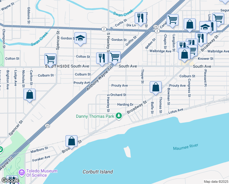 map of restaurants, bars, coffee shops, grocery stores, and more near 1042 Orchard St in Toledo